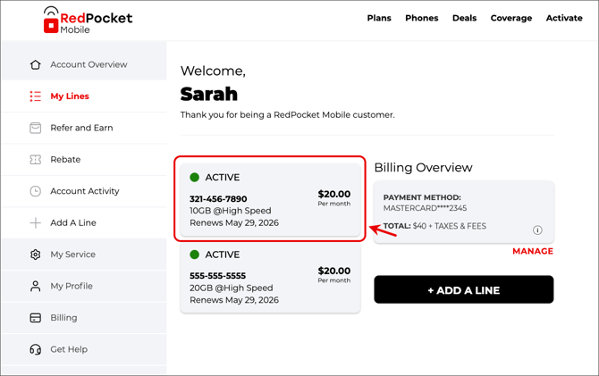 Select a line from the My Lines page