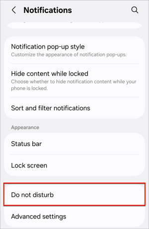 android settings do not disturb button
