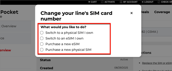 select sim replacement option
